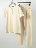 Comfy Two-Piece Outfit Front Button Short Sleeve T-Shirt + Drawstring Waistband Pants