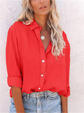 Casual Fit Solid Color Button Up Lapel Collar Long Sleeve Blouse