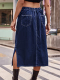 Women's Trendy Drawstring Side Slit Blue Denim Midi Skirts