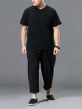 Loose Fit Linen 2-Piece Round Neck Button T-Shirt + Drawstring Cropped Pants