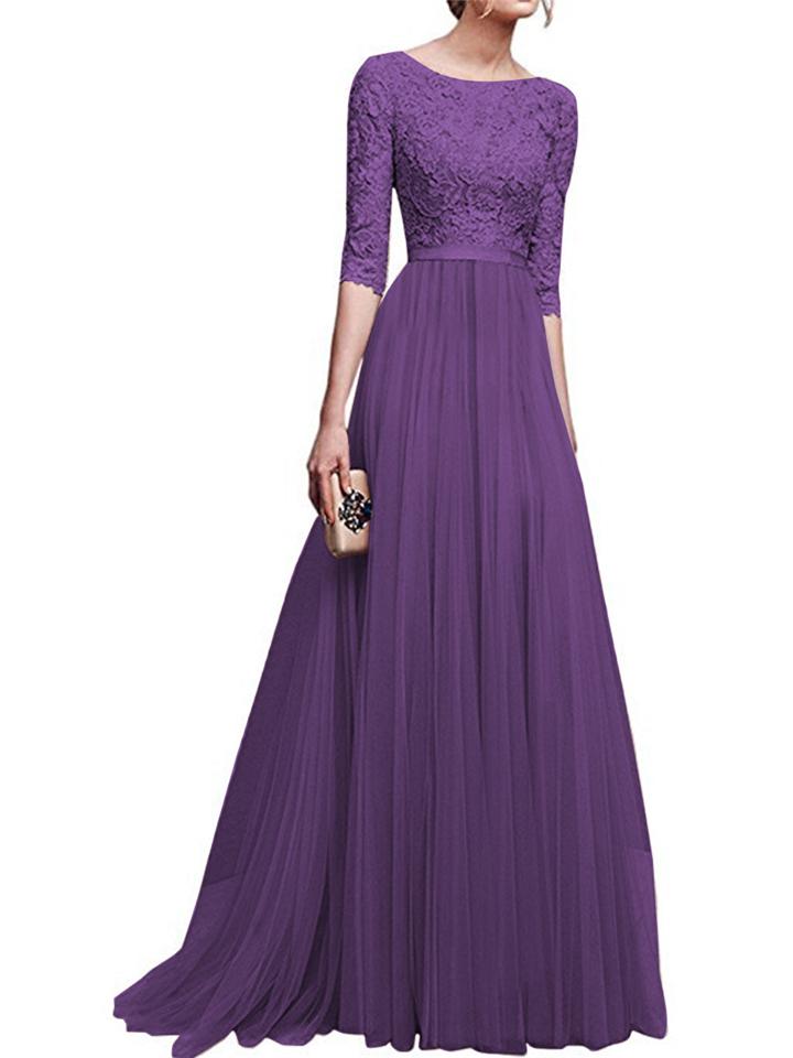 Round Neck 3/4 Sleeve A-Line Long Evening Dress for Formal Party
