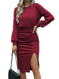 Women's High Waist Long Sleeves Knitted Slit Trendy Dress