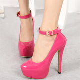 New Stylish Round Toe Buckle Hot Pink High Heels