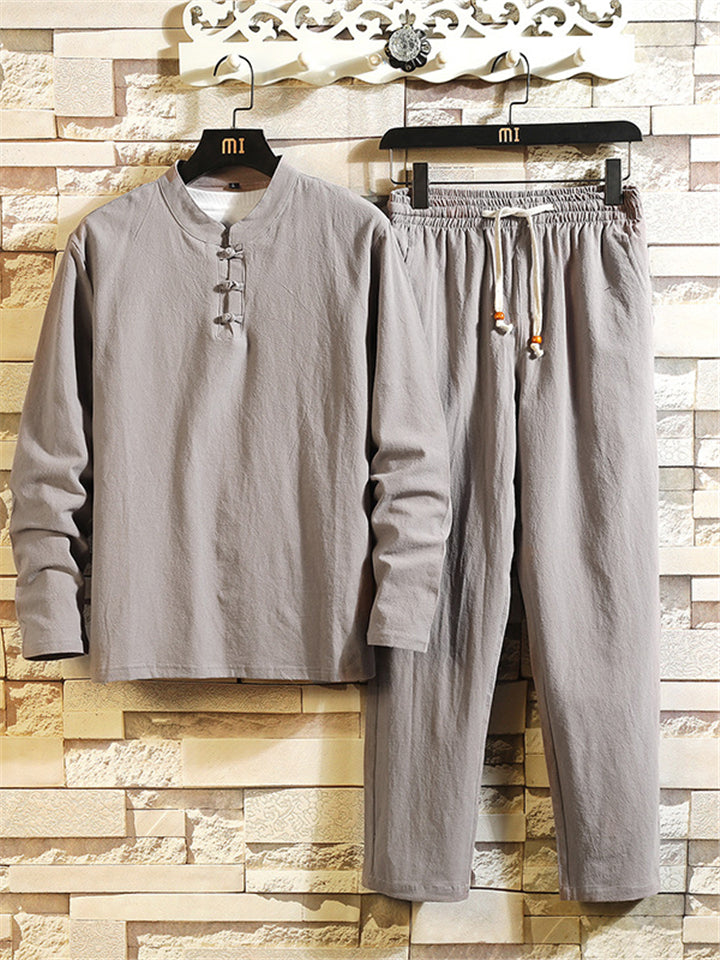 Men's Comfy Cotton Linen Sets Long-Sleeved T-shirt + Trousers With Pockets