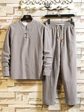 Men's Comfy Cotton Linen Sets Long-Sleeved T-shirt + Trousers With Pockets