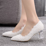 Gentle Female Lace Floral White Pearl Chunky High Heels Pumps