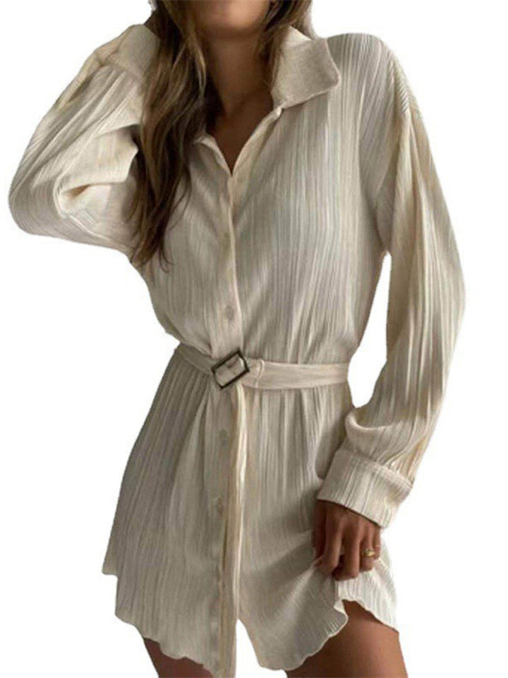 Fashion Lace Up Solid Lapel Shirt Dress for Lady