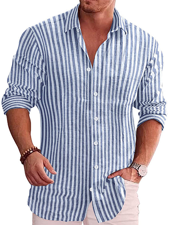 Men Casual Turn Down Collar Striped Cotton Shirt