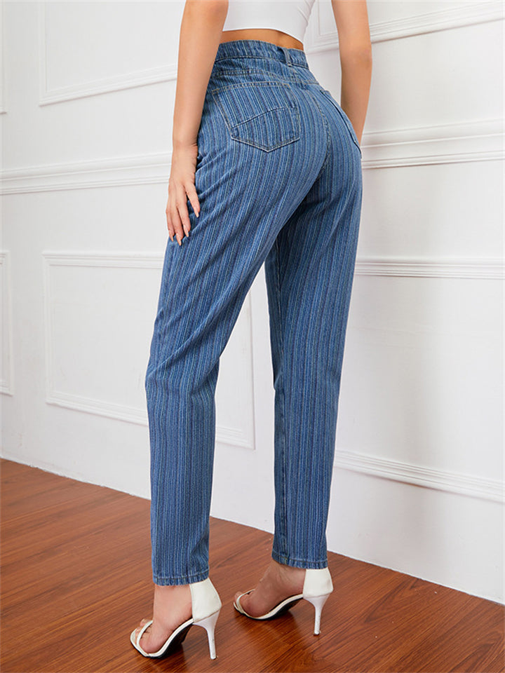 Street Style Washed Effect Stripe Denim Jeans for Women
