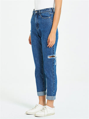 Campus Street Style Ripped Casual Harem Pants Blue Jeans for Women