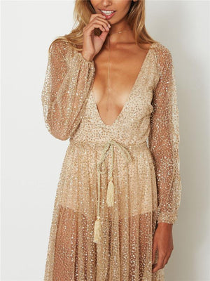 Sexy Pretty Plunging V Neck Long Sleeve Semi-Sheer Waist-Tie Fastening Beaded Party Dress
