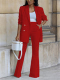 Office Ladies Solid Double Breasted Blazer Wide Leg Pants Sets