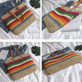 New Casual Rainbow Color Straw Handbags Large Capacity Beach Bag