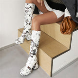 Trendy Colorful Floral Printed Thick Heel Long Boots