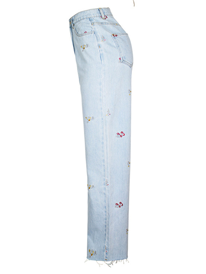 Casual Style Floral Embroidery Straight-Leg Light Blue Denim Jeans for Women
