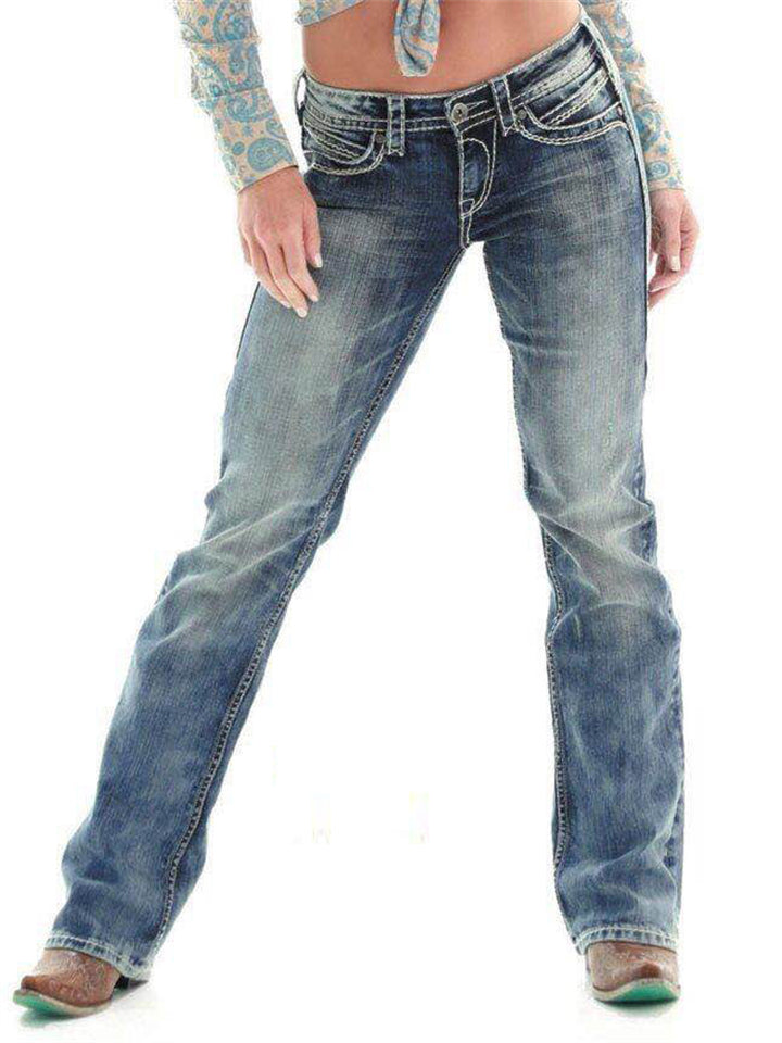 Female Washed Stretchy Blue Mid Rise Straight Leg Jeans