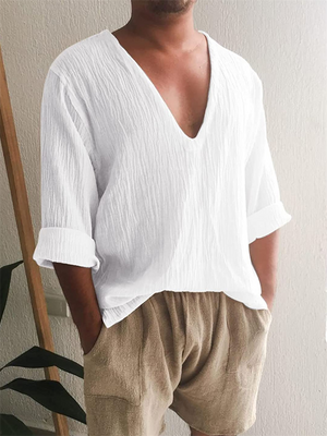 Summer Cotton Blend V Neck Pullover Casual Shirts for Men