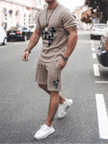 Mens Comfy Printed Cotton 2 Piece Sets Short Sleeve T-Shirts+Shorts