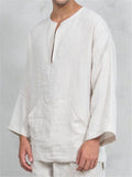 Loose Fit Notched Neckline Soft Linen Long Sleeve Solid Color Pullover Shirt