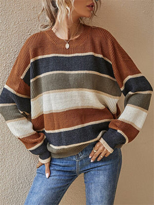 Stripe Contrast Color Round Neck Sweaters