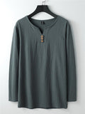 Mens Loose Comfy Linen Button Solid Color Long Sleeve T-Shirts