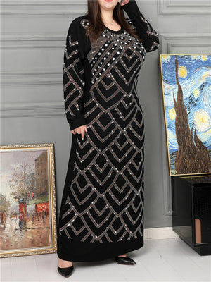 Black Round Neck Geometric Rhinestones Decorated Dress