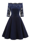 Elegant Off Shoulder Floral Lace 3/4 Sleeve High Waist Flare Dress