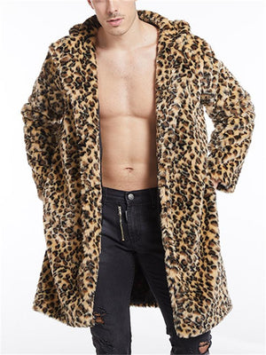 Stylish Jacquard Leopard Print Knee-Length Coat With Lapel Collar