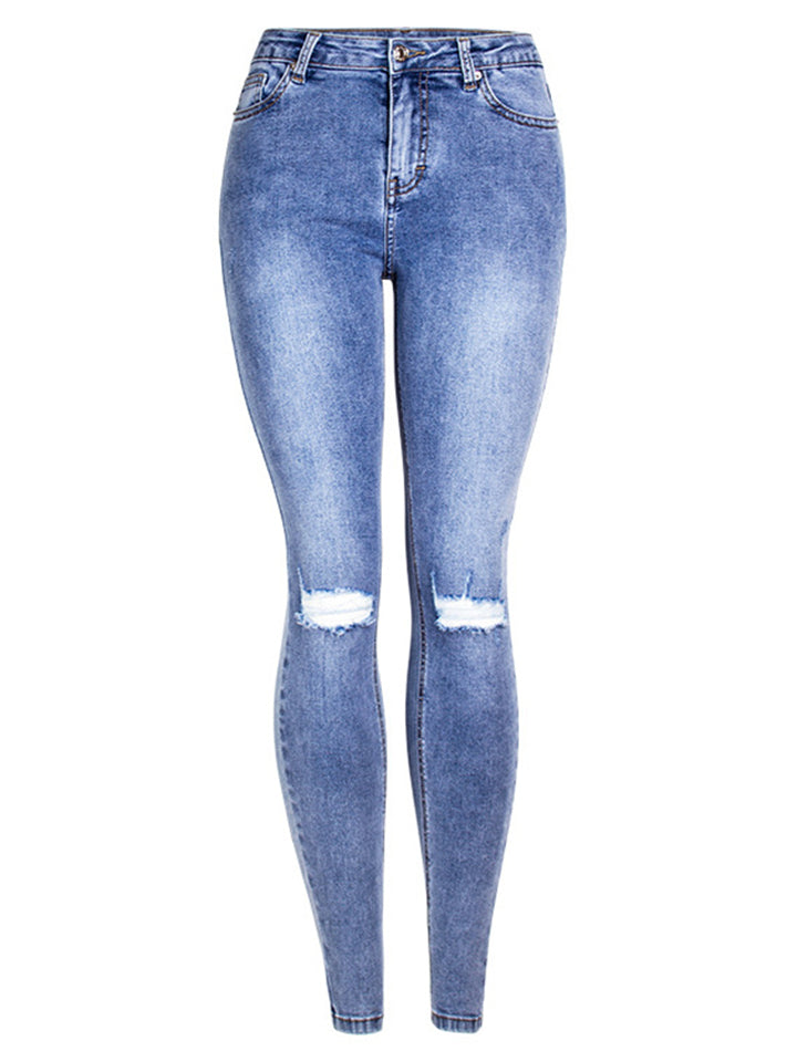 Women's Simple Style Daily Slim Fit Ripped Blue Jeans