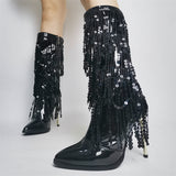 Pointed Toe Fashion Fringe Sequined Mid-Calf Boots