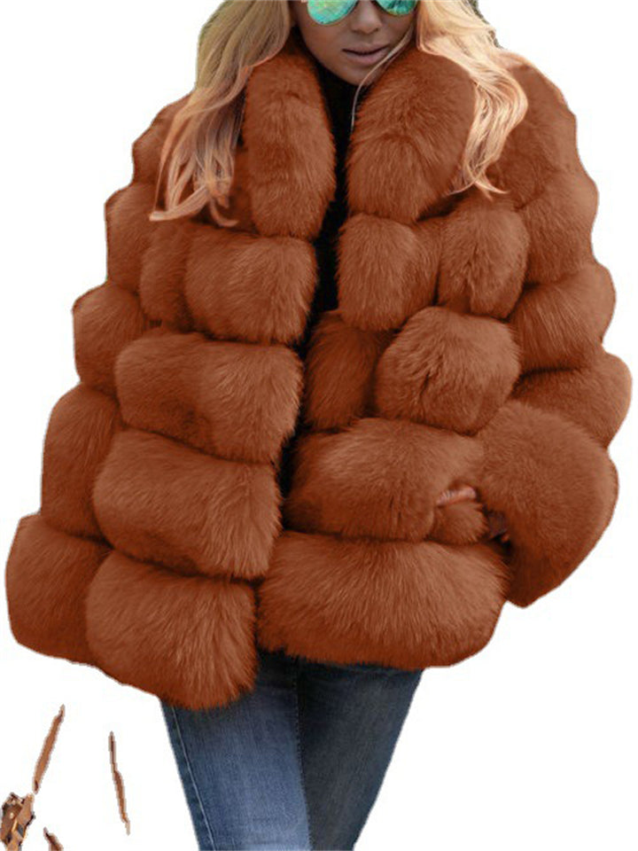 Winter Striped Thick Loose Temperament Solid Color Fashion Thermal Fur Coat