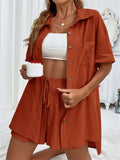 Casual Plain Single Breasted Shirt Shorts Suit for Ladies