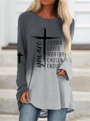 Women's Loose Long Sleeve Cross Letter Print Round Neck T-shirts