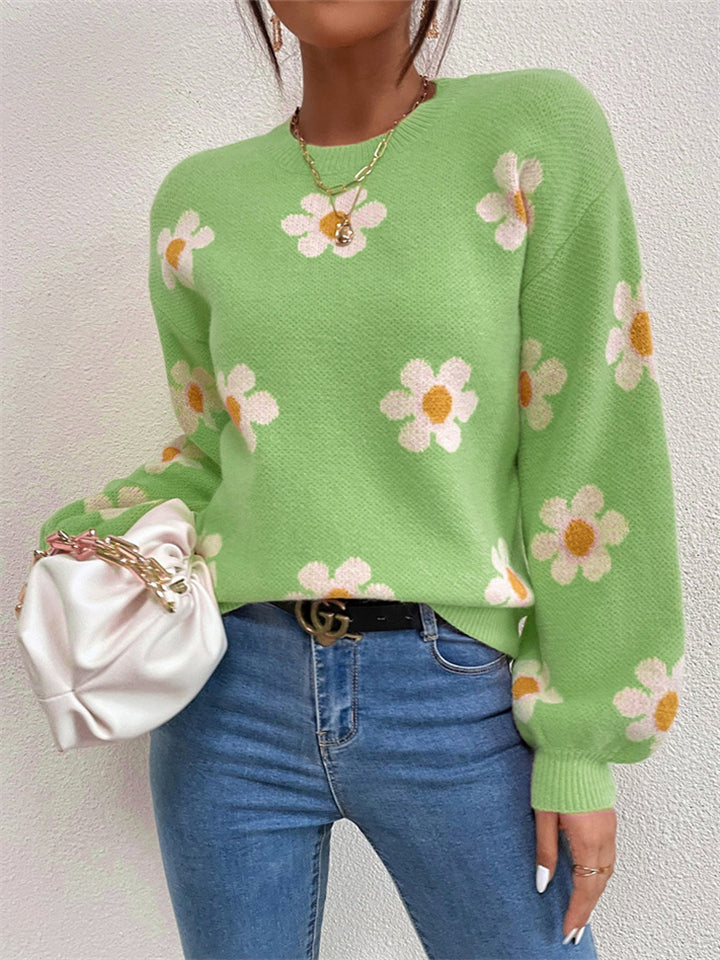 Floral Printed Round Neck Sweaters For Women