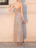 Elegant Sequined Illusion Neck Beaded Evening Gown