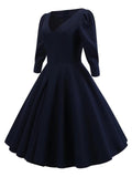 Navy Blue 1950S V Neck 3/4 Sleeve Swing Dress