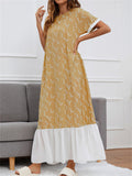 Round Neck Printed Contrast Color Long Dresses