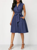 Wrap V Neck Pleated Detailing Waist Tie Fastening Sleeveless Knee-Length Pocket Dress