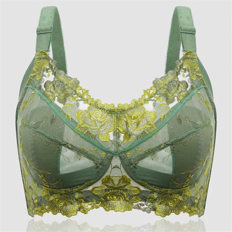 Flower Embroidered Jacquard Wireless Lace Bras - Green
