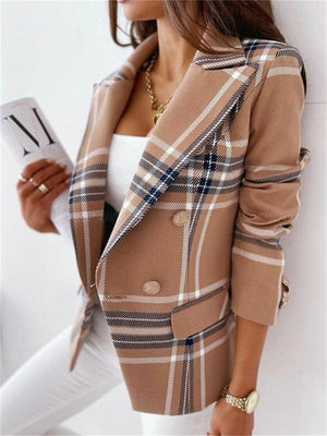 New Office Lady Elegant Turn-Down Collar Plaid Long Sleeve Coats