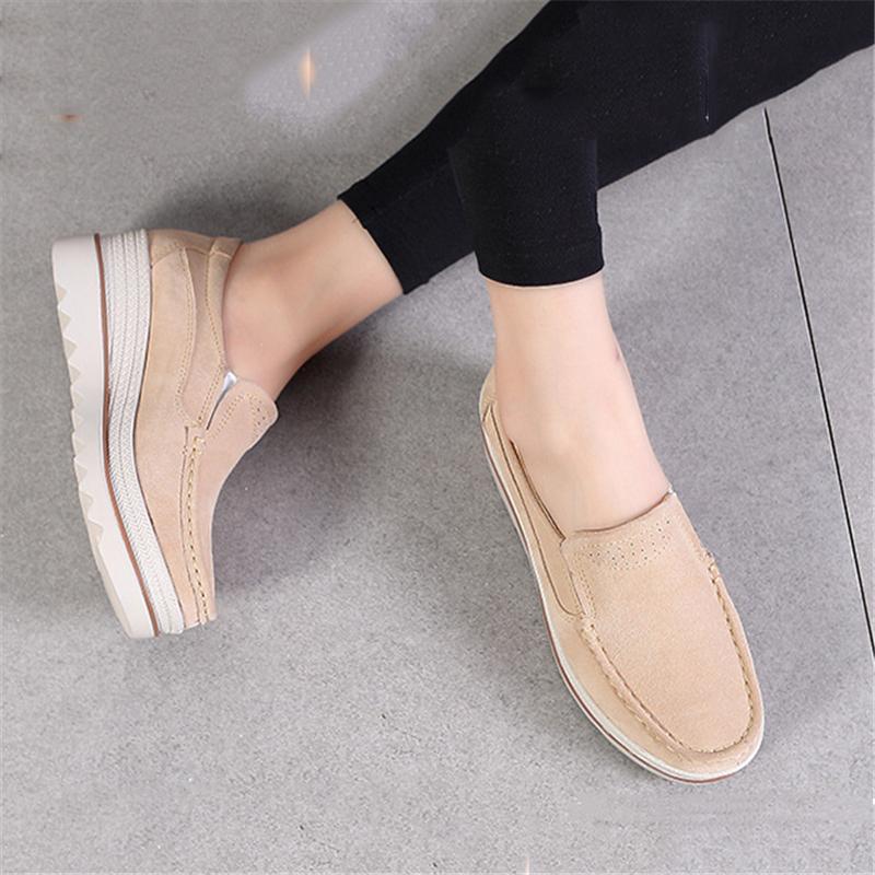 Fur Lining Genuine Leather Thick Sole Wedge Heel Loafers