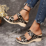 Female Vacation Floral Leopard Print Wedge Heels Slip On Sandals