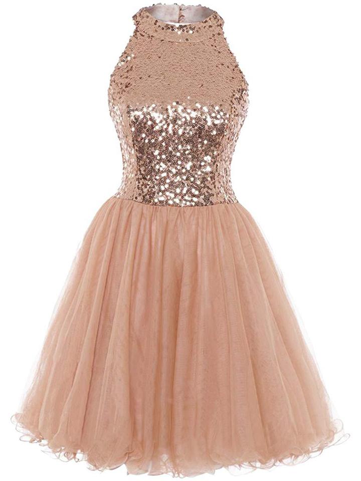Pretty Rose Gold Sequin A-Line Halter Cocktail Dresses For Party