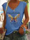 Butterfly And Words Printed V-Neck T-Shirts