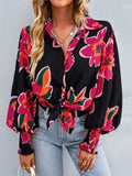 Fashion Floral Print Lapel Button Puff Sleeve Colorful Blouses for Office Ladies