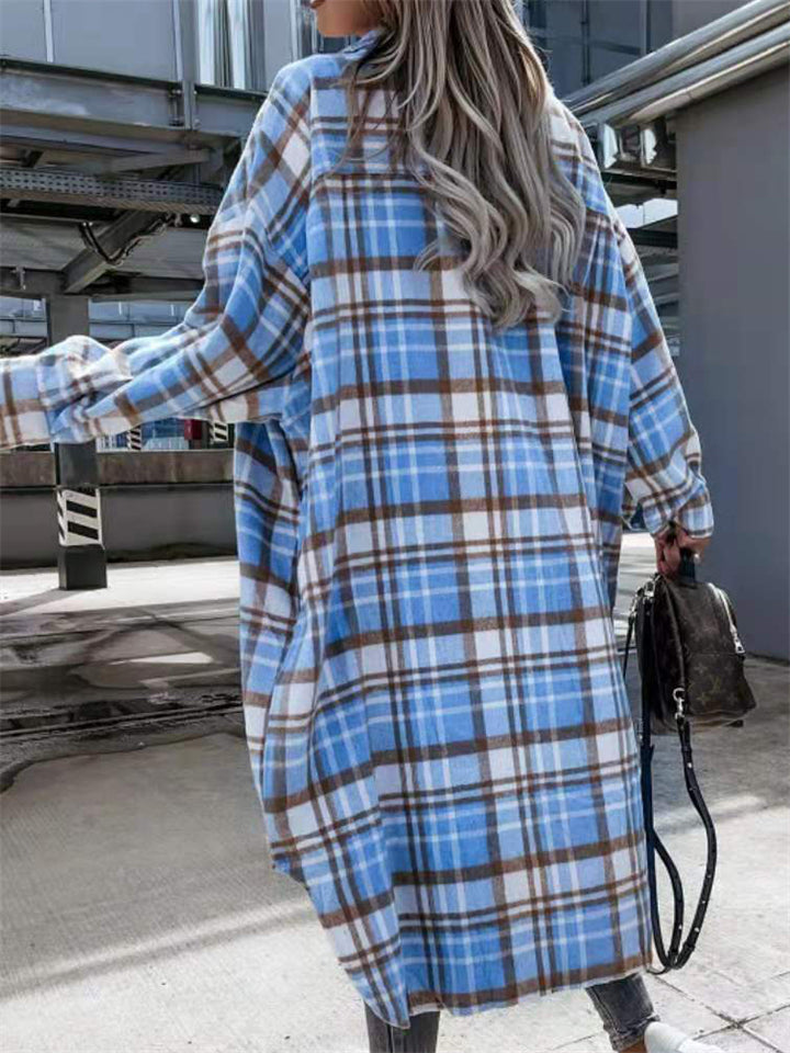 Women's Fashion Buttoned Up Over-The-Knee Long Plaid Shacket Jacket