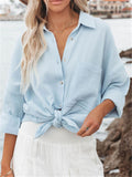 Women Lapel Buttons Long Sleeve Blouses With Pocket