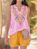 Ethnic Bohemian Floral Print V Neck Sleeveless Tops for Women
