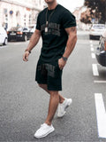 Mens Comfy Printed Cotton 2 Piece Sets Short Sleeve T-Shirts+Shorts