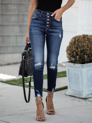 Slim Fit High-Rise Ripped Frayed Cuff Elastic Ankle Jeans